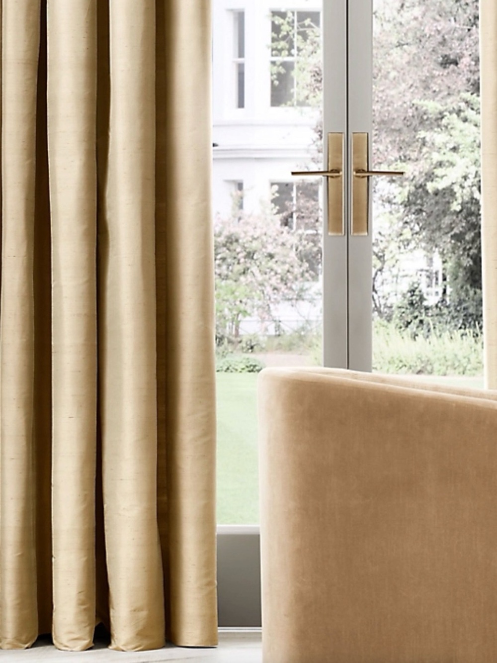 Restoration Hardware Neutral Gold Silk Curtain two Panels excellent condition